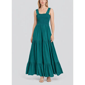 Beyond Words Smocked Tiered Midi Dress Women Small Green Cottage Resort Sundress